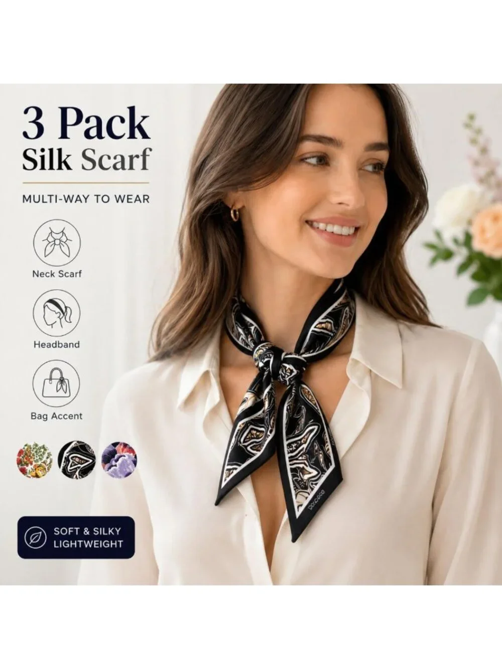 Versatile 3-Pack Skinny Scarves for Women - Silk-Like Hair & Neck Accessories